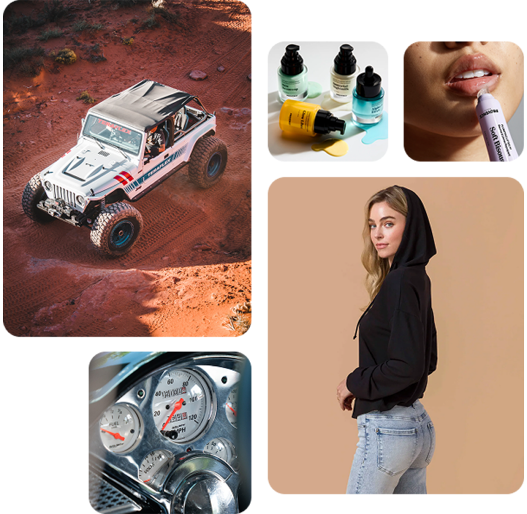 Collage of jeep, lip gloss, dashboard and woman wearing a hoodie